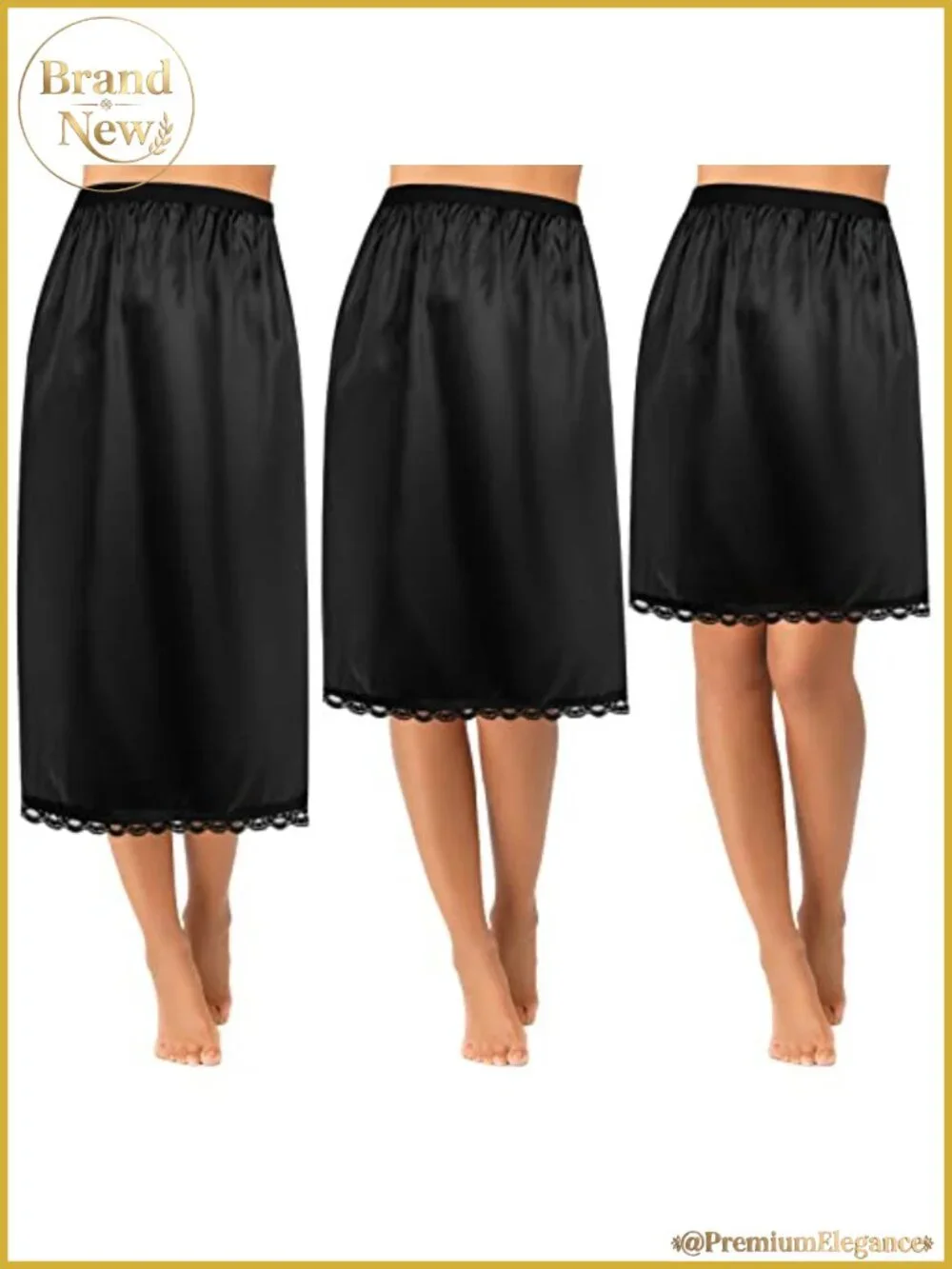 3 Pack Women's Satin Half Slip A-Line Dress Slip with Lace, Elastic Waist,